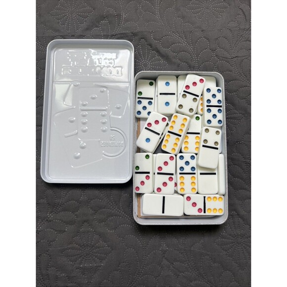 28 Double Six Color Dot Dominoes in Metal Tin Classic Games Cardinal Games Home - Picture 5 of 10